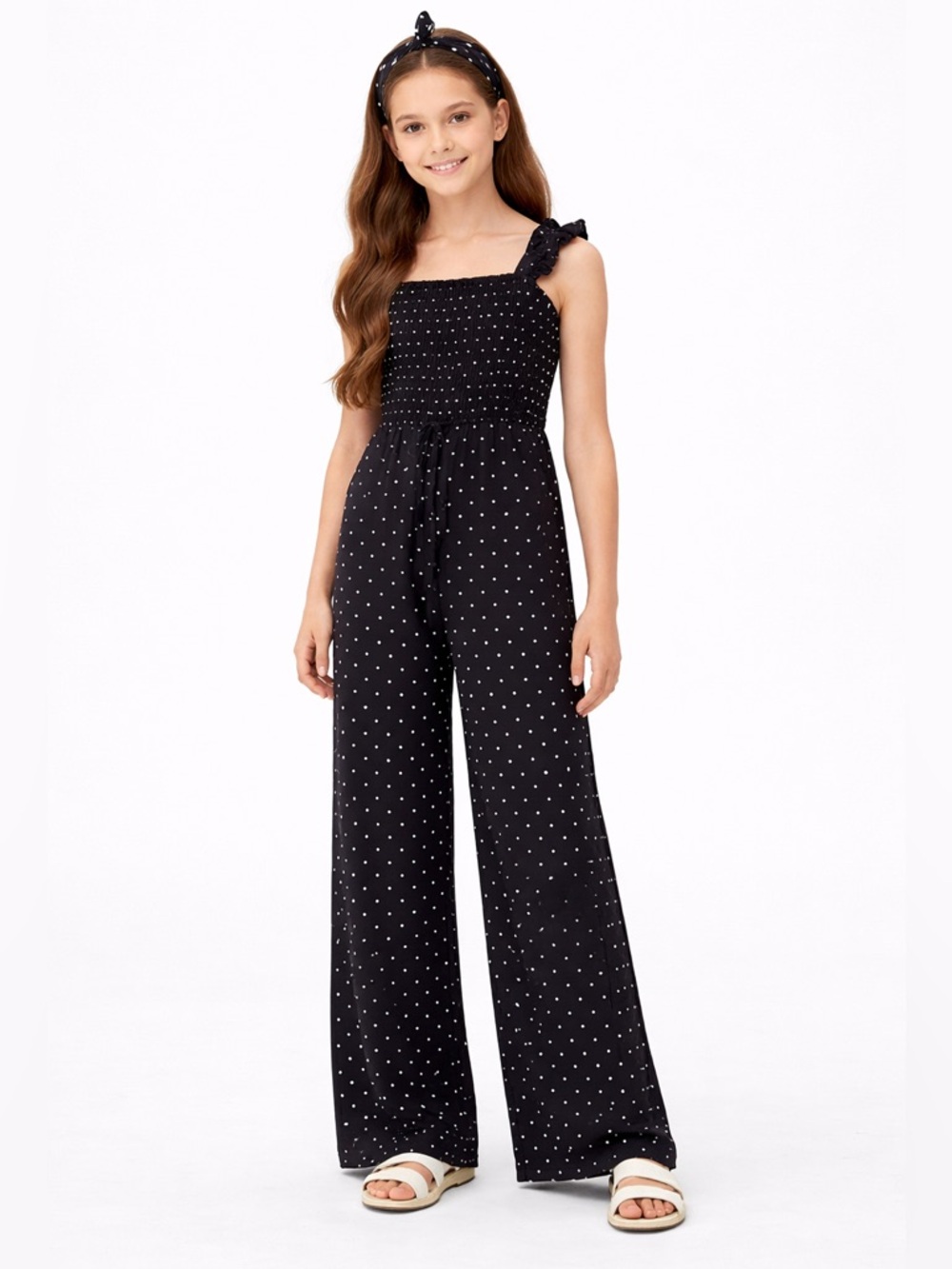 Tahari Girls Polka Dot Jumpsuit Set – Size 12 – Black & White + Headband (NWT)